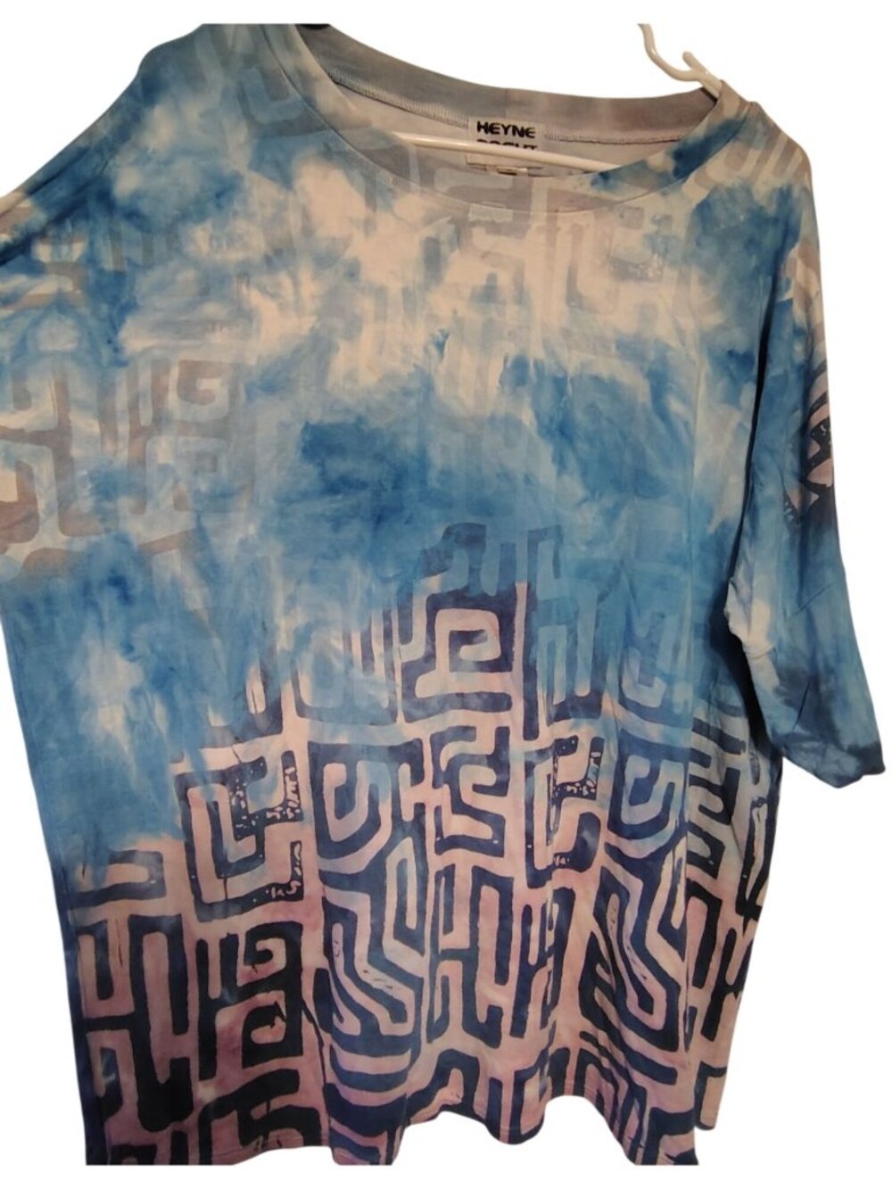 Heyne Bougut Size 4 Hand Dyed Hand Printed Tunic Top Blue Gray Abstract Print